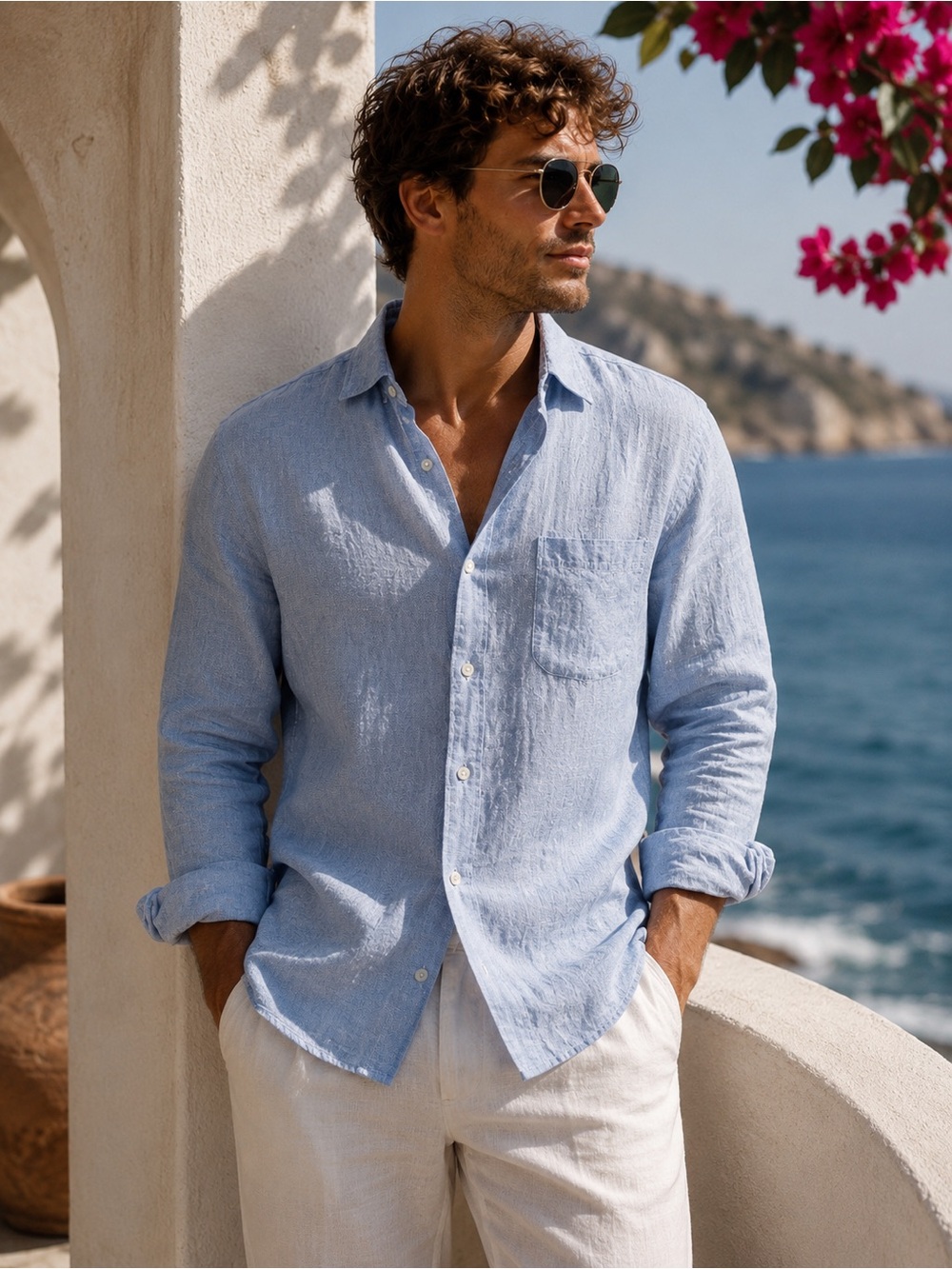 UNTUCKit Blue Chambray Linen Blend Button Up Shirt Medium Coastal Preppy